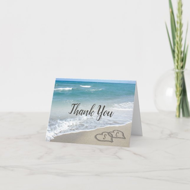 Scenic Hearts in the Sand Beach Wedding Thank You (Front)