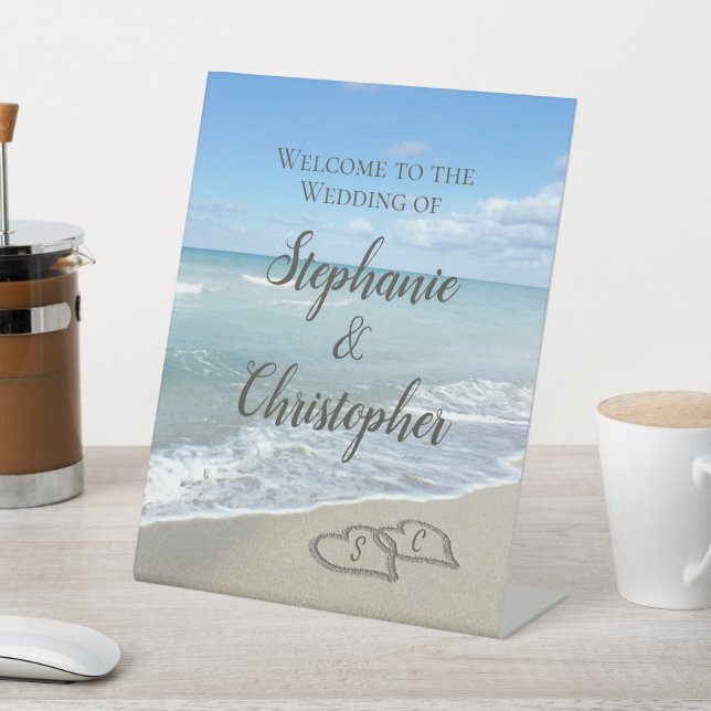 Scenic Hearts in the Sand Beach Wedding Welcome Pedestal Sign (In SItu)