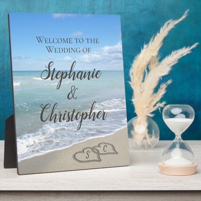 Scenic Hearts in the Sand Beach Wedding Welcome Plaque (Side)