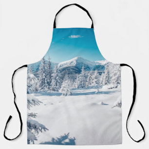 Scenic image of spruces tree. Frosty day, calm win Apron