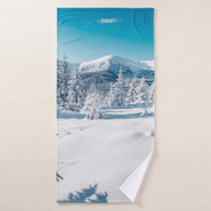 Scenic image of spruces tree. Frosty day, calm win Bath Towel