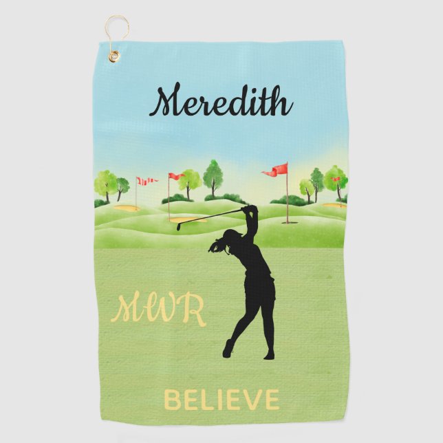 Scenic Lady Golfer Swinging Greens Monogram Name   Golf Towel (Front)