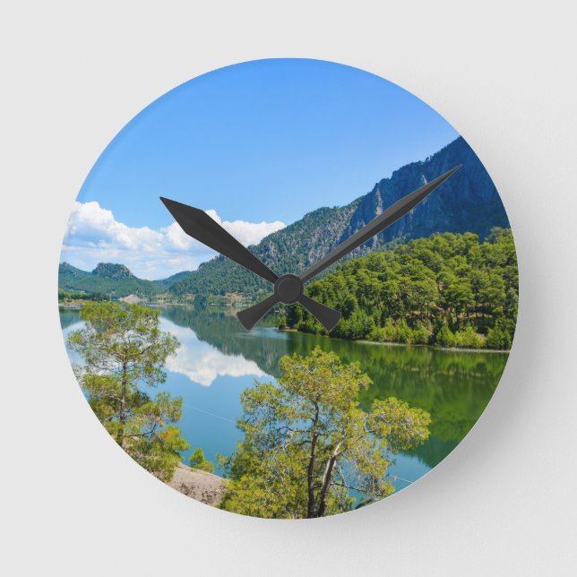 Scenic Lake Mountain Reflection Round Clock (Front)