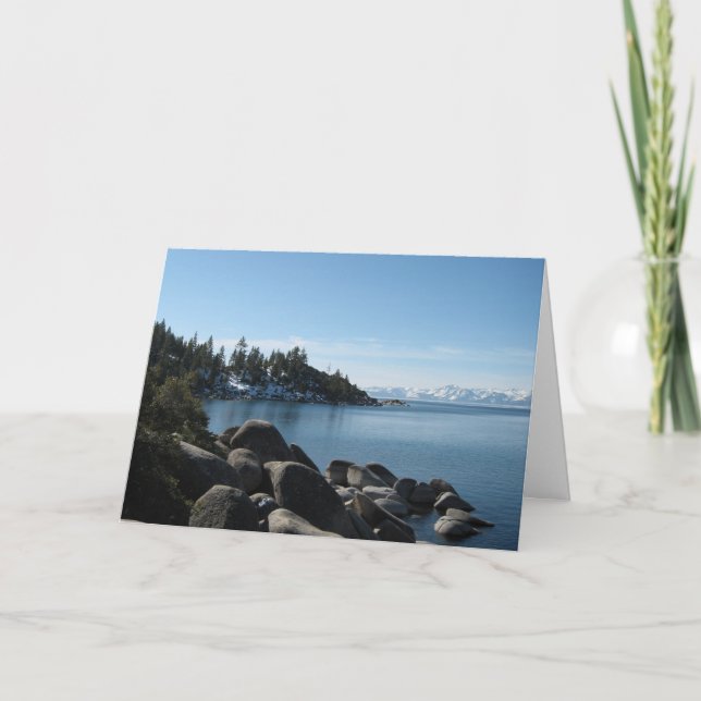 Scenic Lake Tahoe Christmas Snow Covered Mountains Holiday Card (Front)