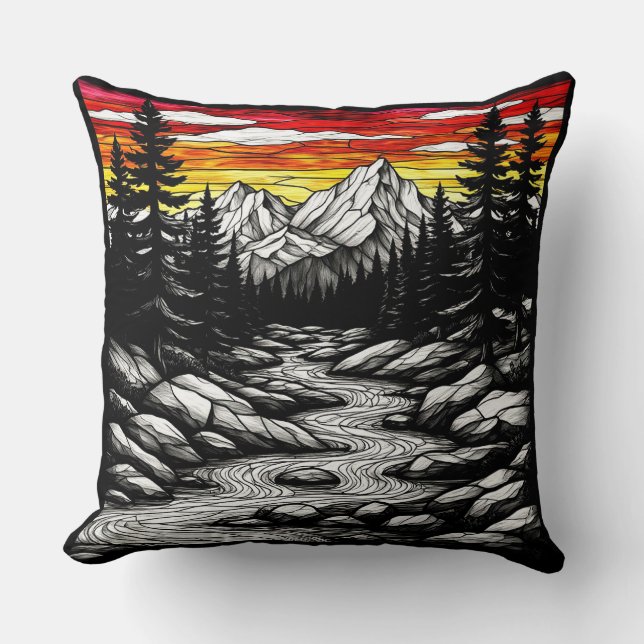 Scenic Landscape with Flowing River Throw Pillow (Front)