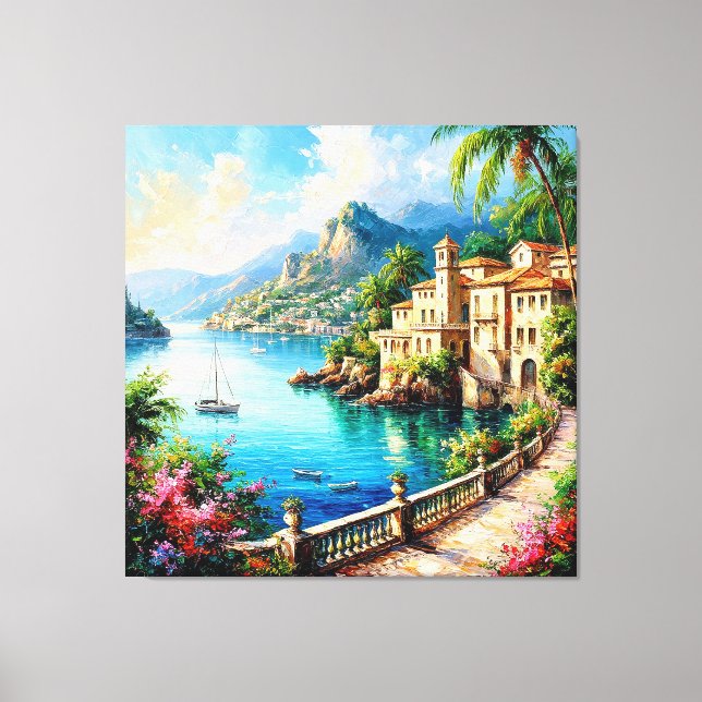 Scenic Mediterranean Coastal Village Canvas Print (Front)