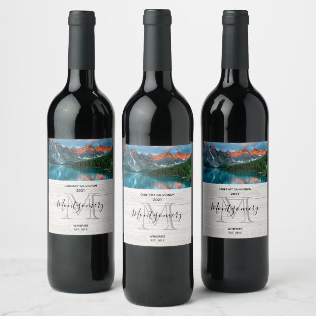 Scenic Mountain & Lake Landscape Photograph Winery Wine Label (Bottles)