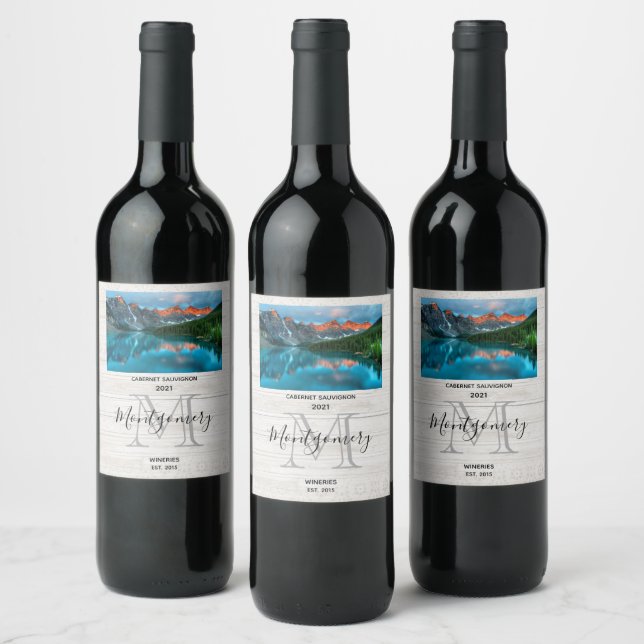 Scenic Mountain & Lake Landscape Photograph Winery Wine Label (Bottles)