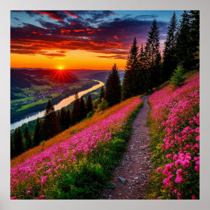 Scenic Mountain Sunset with Wildflowers Poster