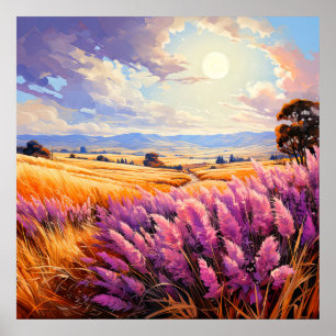 Scenic Overcast Day Prairie Illustration Poster