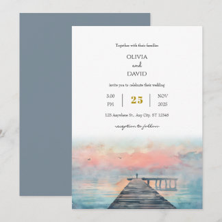 Scenic Pastel Dawn Fishing Pier Art Beach Wedding  Invitation