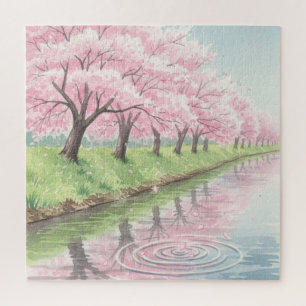 Scenic Pastel Pink Watercolor Cherry Blossom Tree Jigsaw Puzzle