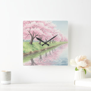 Scenic Pastel Pink Watercolor Cherry Blossom Tree Square Wall Clock