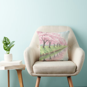 Scenic Pastel Pink Watercolor Cherry Blossom Tree Throw Pillow