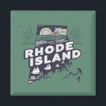 Scenic Rhode Island Retro Silhouette  Magnet<br><div class="desc">Stylish fridge magnet features a retro style scenic Rhode Island vignette in a state shaped silhouette.  Green background</div>