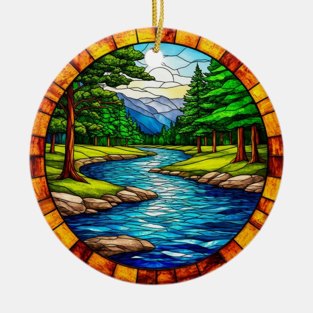Scenic River and Forest Landscape Ceramic Ornament (Front)