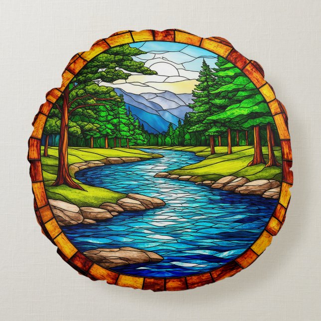 Scenic River and Forest Landscape Round Pillow (Front)
