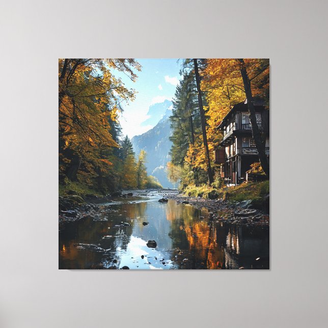 Scenic River and Forest Landscape with Rustic Hous Canvas Print (Front)