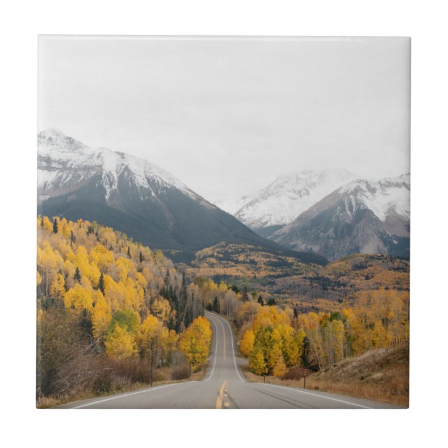 Scenic Road Through Fall Colours and Mountains Tile (Front)