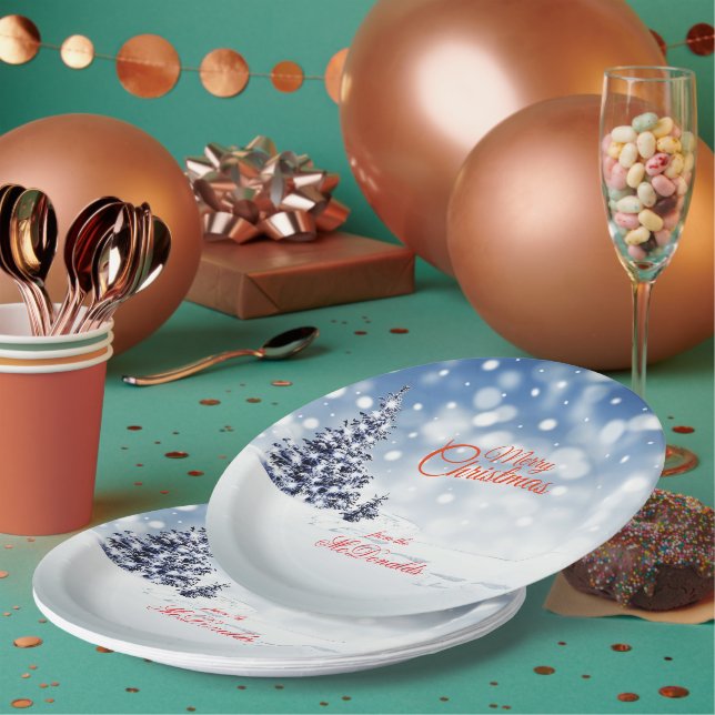 Scenic Snow and Christmas trees Personalize Paper Plate (Multi)