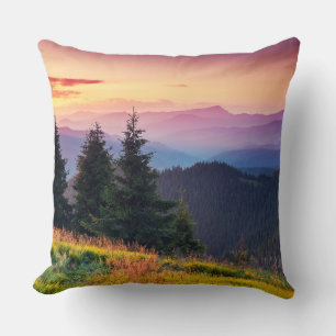 Scenic Sunset Mountains Jungle Pine trees Fall Throw Pillow