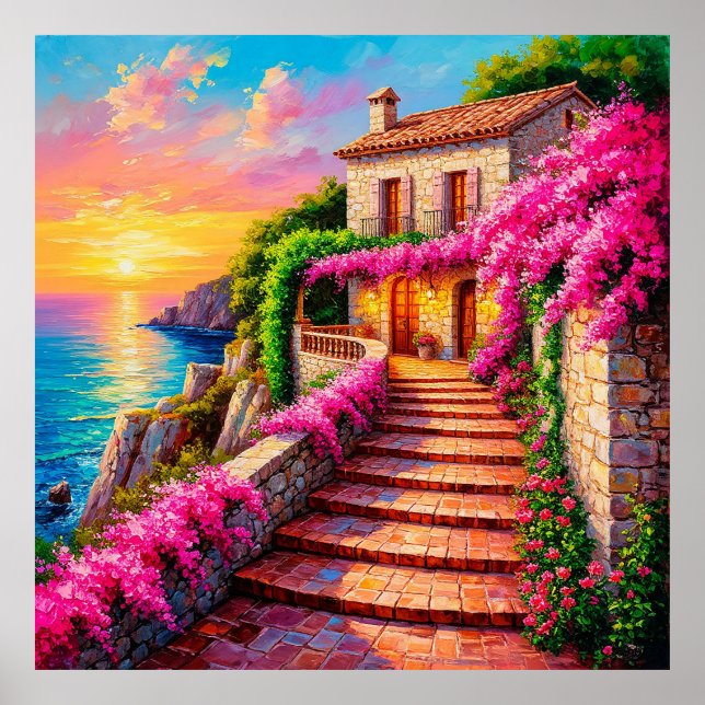 Scenic Sunset Over Coastal Villa Poster (Front)