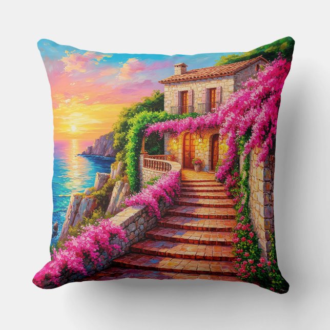 Scenic Sunset Over Coastal Villa Throw Pillow (Front)