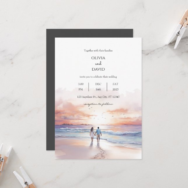 Scenic Sunset Over Ocean Watercolor Beach Wedding Invitation (Front/Back In Situ)