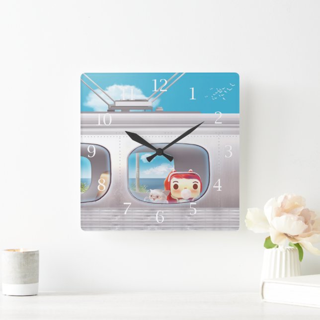 Scenic Train Ride: Bunny Girl & Cat Window Seat Square Wall Clock (Home)
