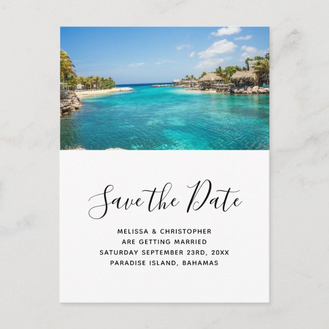 Scenic Tropical Beach Island Save the Date Wedding Invitation Postcard (Front)