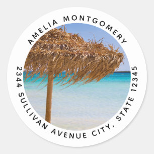 Scenic Tropical Beach with Straw Umbrella Address Classic Round Sticker