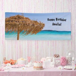Scenic Tropical Beach with Straw Umbrella Birthday Banner