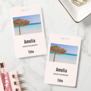 Scenic Tropical Beach with Straw Umbrella Business Badge