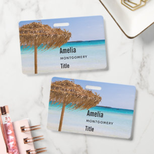 Scenic Tropical Beach with Straw Umbrella Business Badge