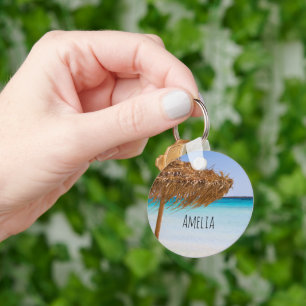 Scenic Tropical Beach with Straw Umbrella Keychain