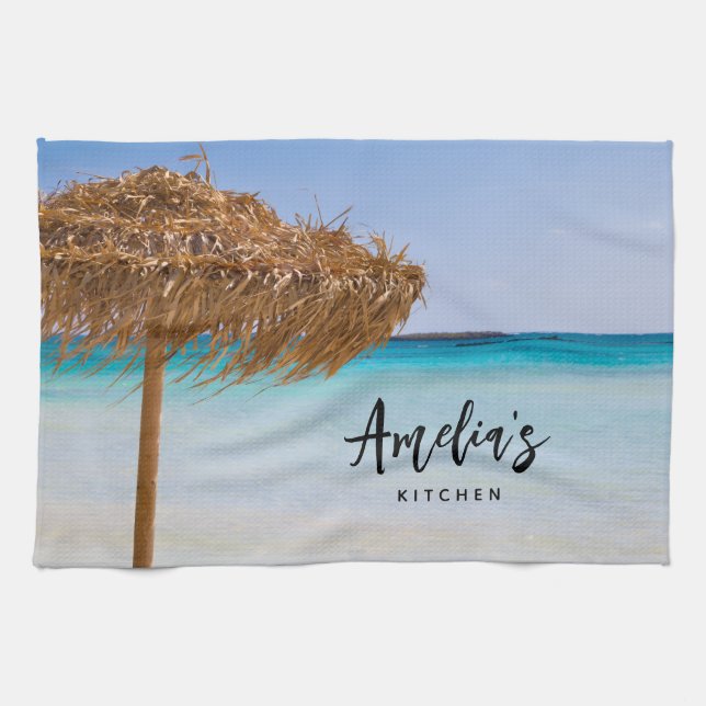 Scenic Tropical Beach with Straw Umbrella Kitchen Towel (Horizontal)