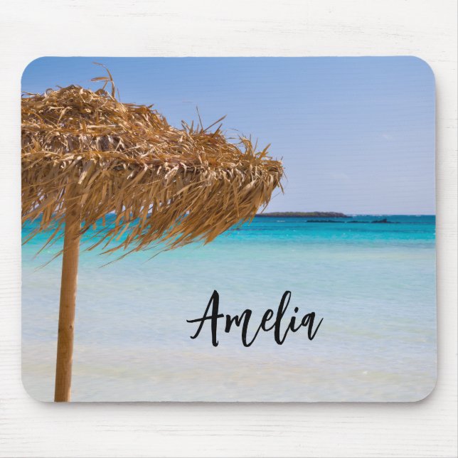 Scenic Tropical Beach with Straw Umbrella Mouse Pad (Front)