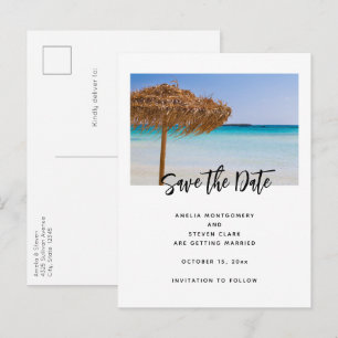  Scenic Tropical Beach with Straw Umbrella Wedding Announcement Postcard