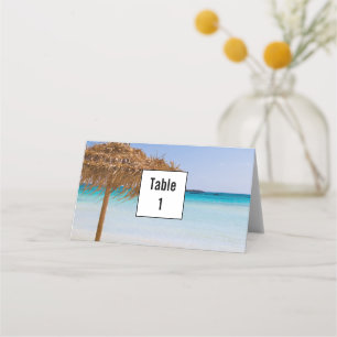 Scenic Tropical Beach with Straw Umbrella Wedding Place Card