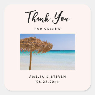 Scenic Tropical Beach with Straw Umbrella Wedding Square Sticker