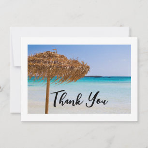 Scenic Tropical Beach with Straw Umbrella Wedding Thank You Card