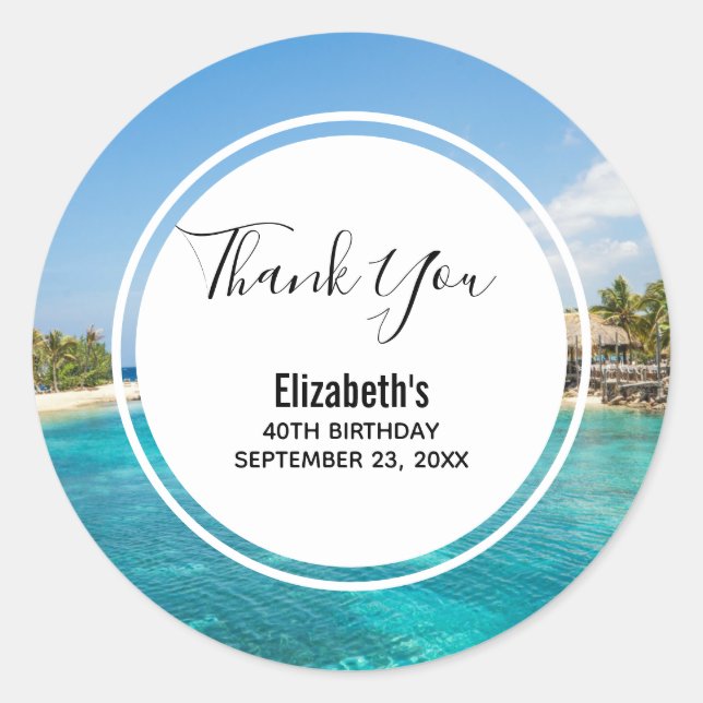 Scenic Tropical Beach with Thatched Huts Birthday Classic Round Sticker (Front)