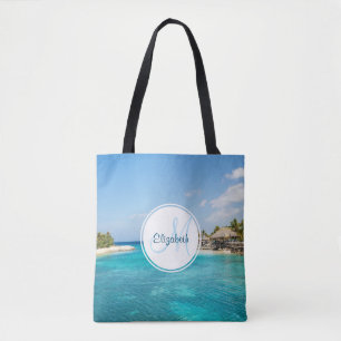 Scenic Tropical Beach with Thatched Huts Monogram Tote Bag