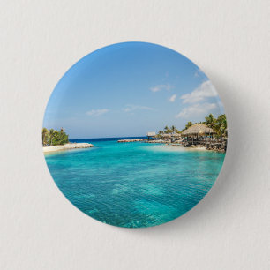 Scenic Tropical Beach with Thatched Huts Photo 2 Inch Round Button