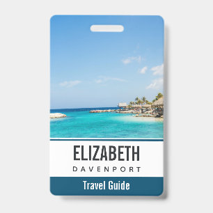 Scenic Tropical Beach with Thatched Huts Photo Badge