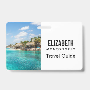 Scenic Tropical Beach with Thatched Huts Photo Badge