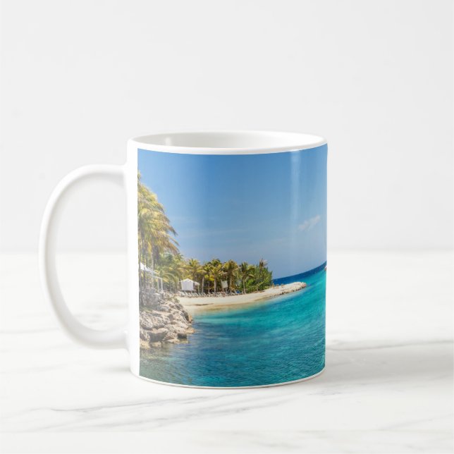 Scenic Tropical Beach with Thatched Huts Photo Coffee Mug (Left)