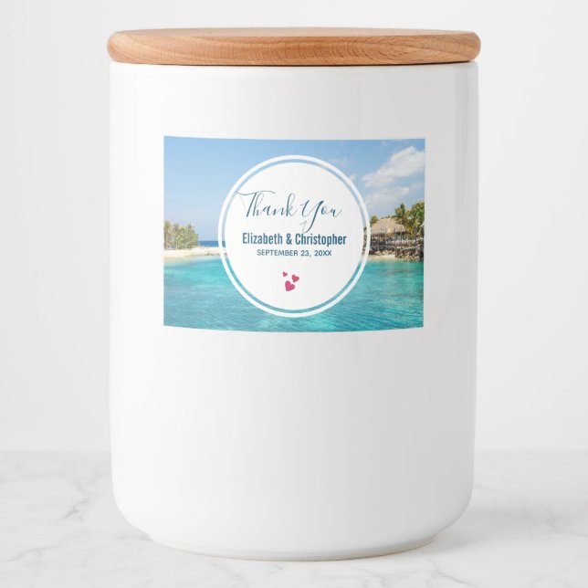 Scenic Tropical Beach with Thatched Huts Photo Food Label (Front)