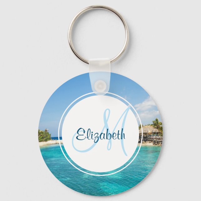 Scenic Tropical Beach with Thatched Huts Photo Keychain (Front)