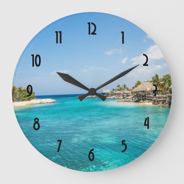 Scenic Tropical Beach with Thatched Huts Photo Large Clock (Front)